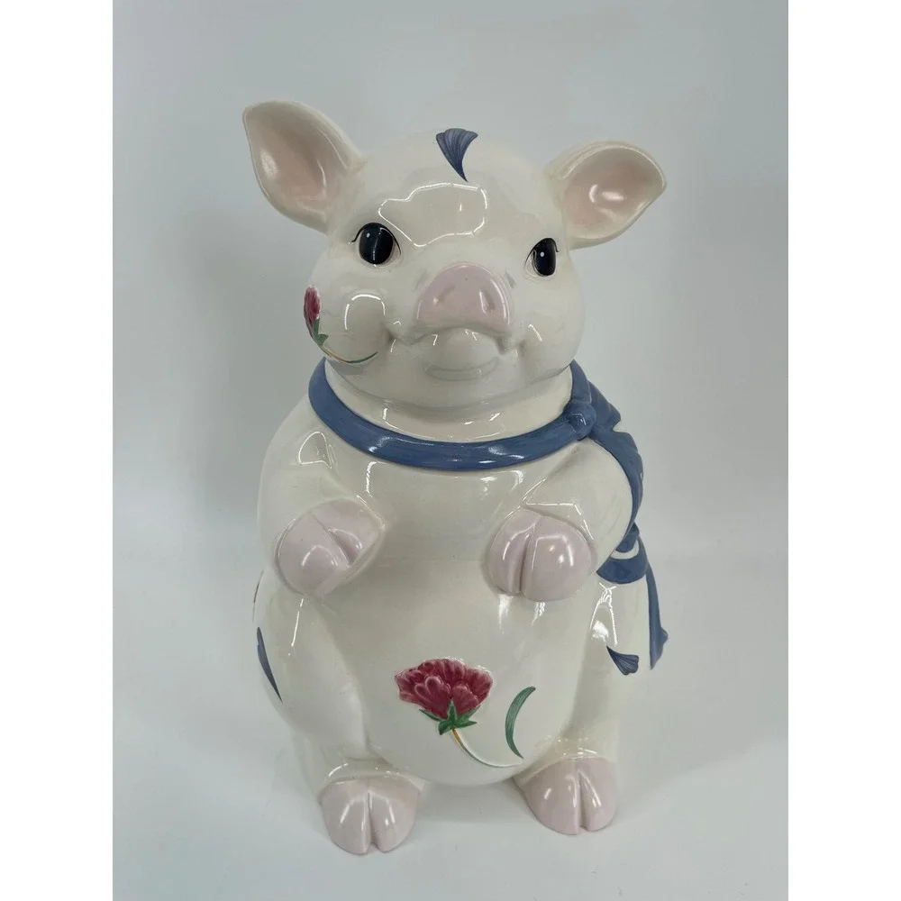 Lenox Poppies on Blue Pig Cookie Jar Poppies Barnyard White Blue Cottagecoe